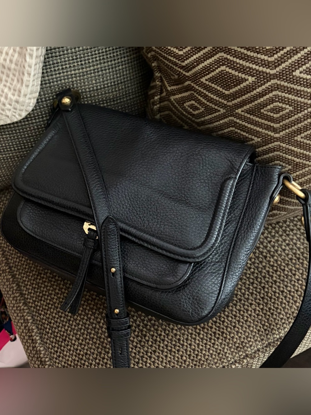 Annabel Ingall Australia Black Pebbled Leather Crossbody with Gold Hardware